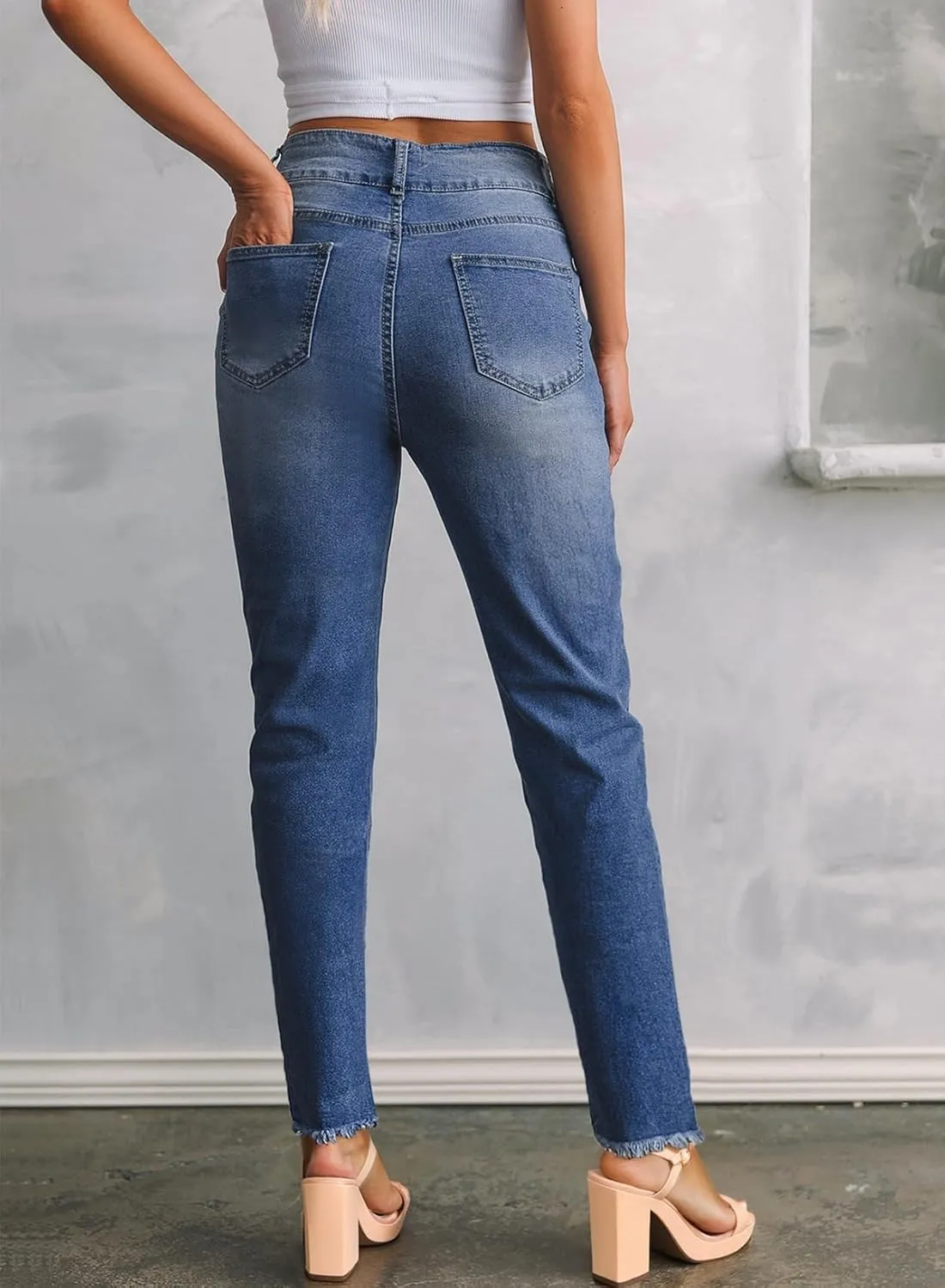 Sidefeel Women's High Waisted Jeans Strechy Fashion Raw Hem Straight Leg Ankle Denim Pants with Pockets