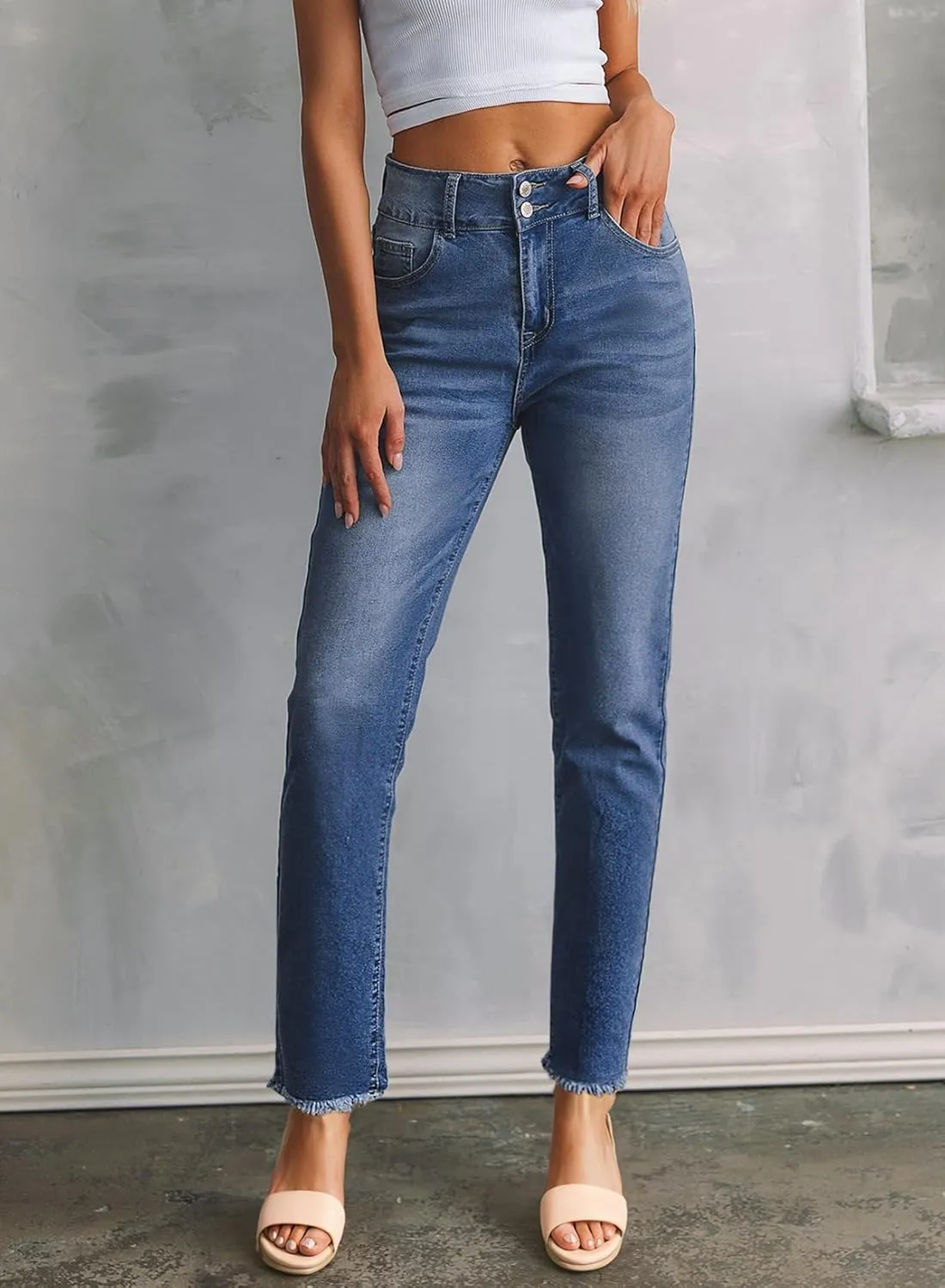 Sidefeel Women's High Waisted Jeans Strechy Fashion Raw Hem Straight Leg Ankle Denim Pants with Pockets