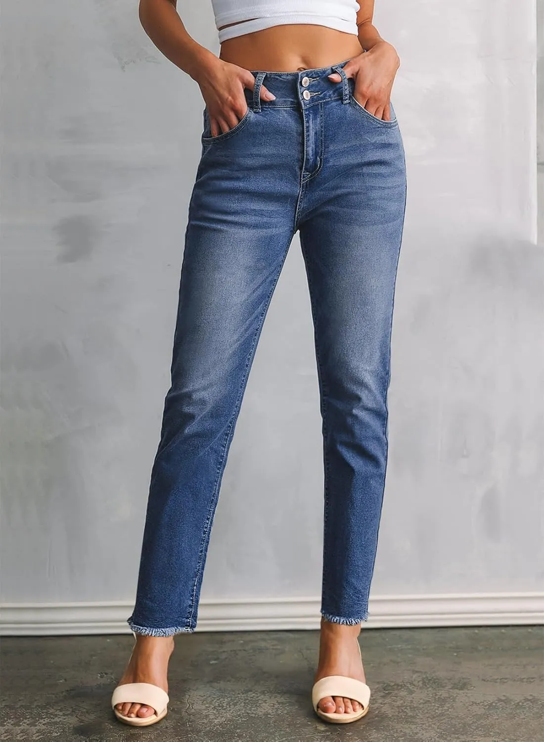 Sidefeel Women's High Waisted Jeans Strechy Fashion Raw Hem Straight Leg Ankle Denim Pants with Pockets