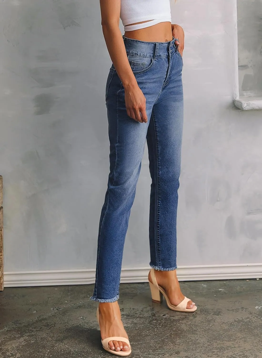 Sidefeel Women's High Waisted Jeans Strechy Fashion Raw Hem Straight Leg Ankle Denim Pants with Pockets