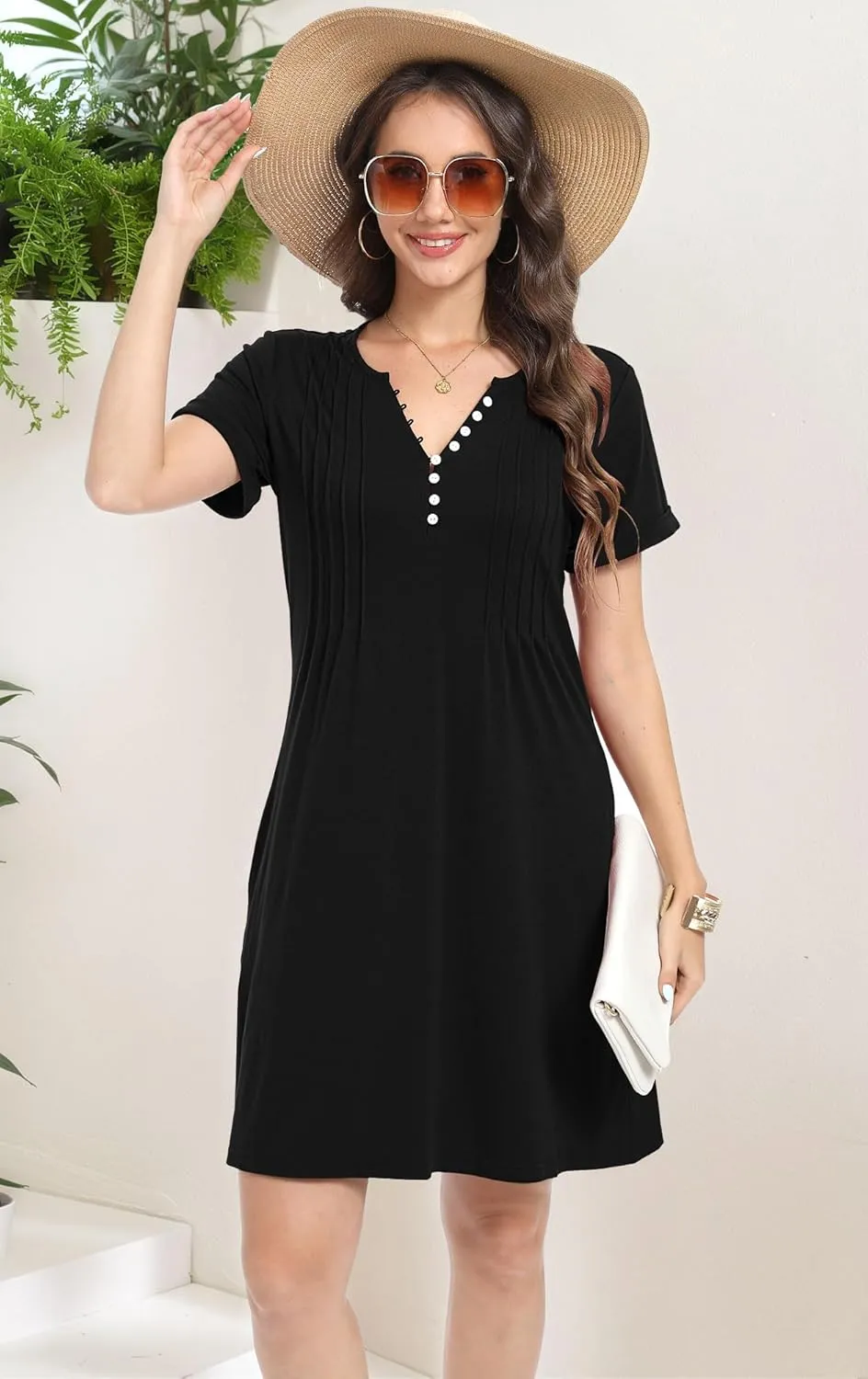 Soesdemo Womens Summer Dresses Short Rolled Sleeve Pleated Button Down V Neck Casual Beach Shift Sundresses with Pockets
