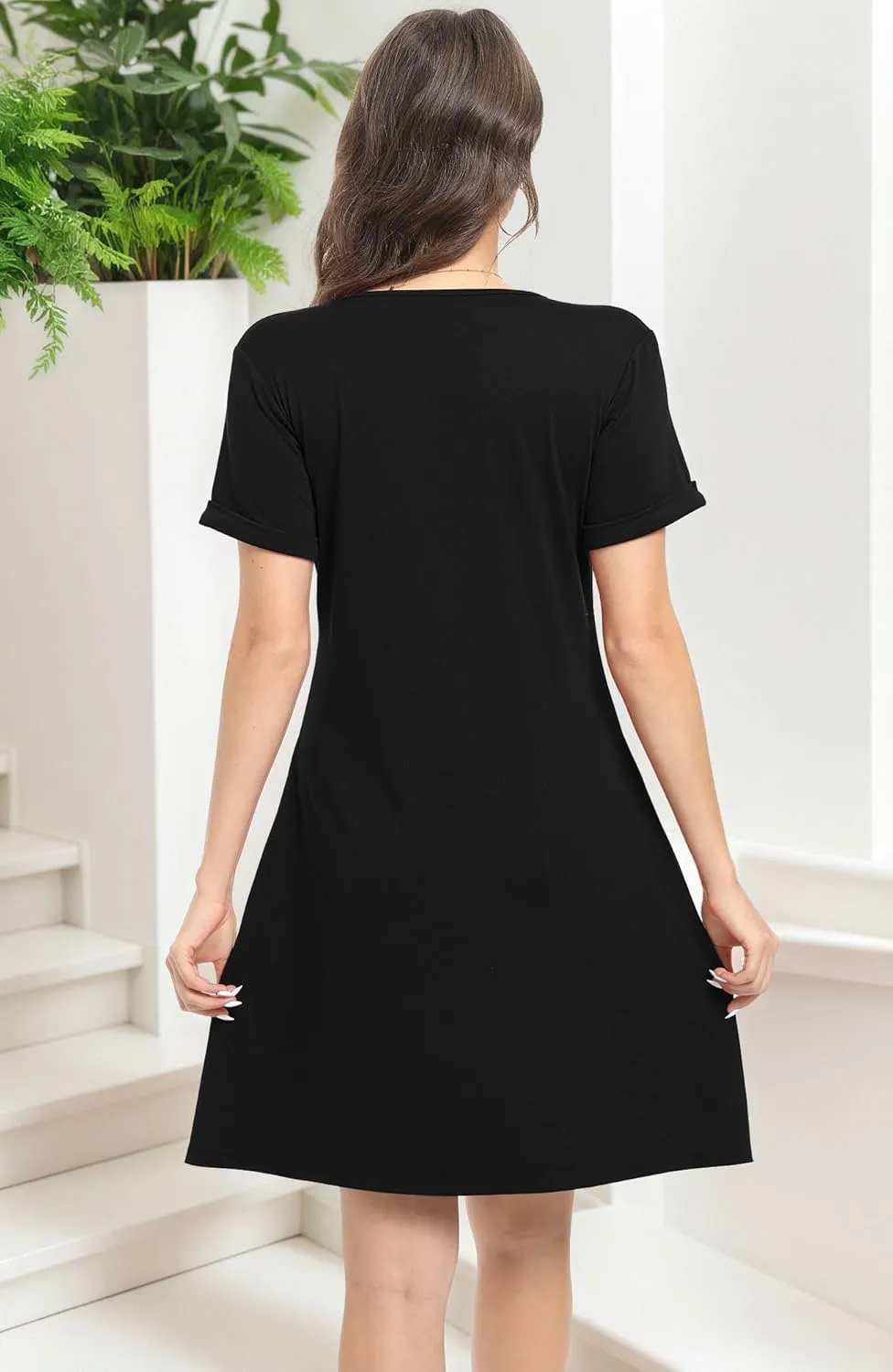 Soesdemo Womens Summer Dresses Short Rolled Sleeve Pleated Button Down V Neck Casual Beach Shift Sundresses with Pockets