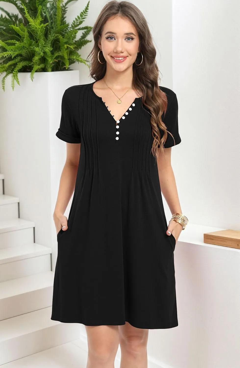 Soesdemo Womens Summer Dresses Short Rolled Sleeve Pleated Button Down V Neck Casual Beach Shift Sundresses with Pockets