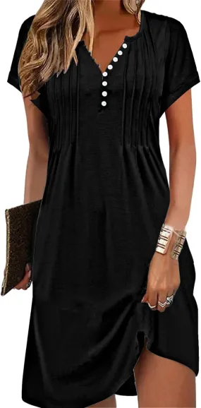 Soesdemo Womens Summer Dresses Short Rolled Sleeve Pleated Button Down V Neck Casual Beach Shift Sundresses with Pockets