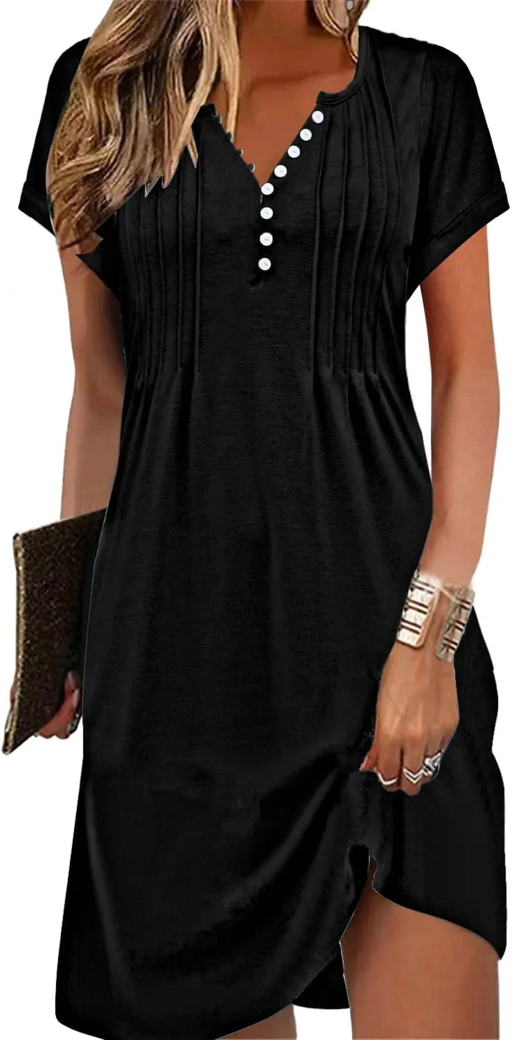 Soesdemo Womens Summer Dresses Short Rolled Sleeve Pleated Button Down V Neck Casual Beach Shift Sundresses with Pockets
