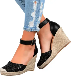 SuanlaTDS Sandals Women Wedge Platform Buckle Ankle Strap Womens Braided Sandals Closed Toe Espadrille Sandals for Women Casual Summer Comfortable Wedge Heel Pumps Womens Shoes