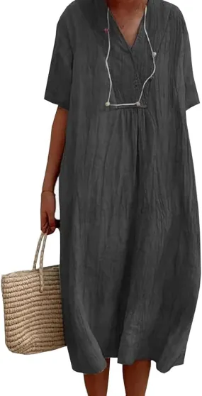 Summer Dresses for Women 2025 Casual 3/4 Short Sleeve Knee Length Midi Dress Smock Boho Dress with Pockets
