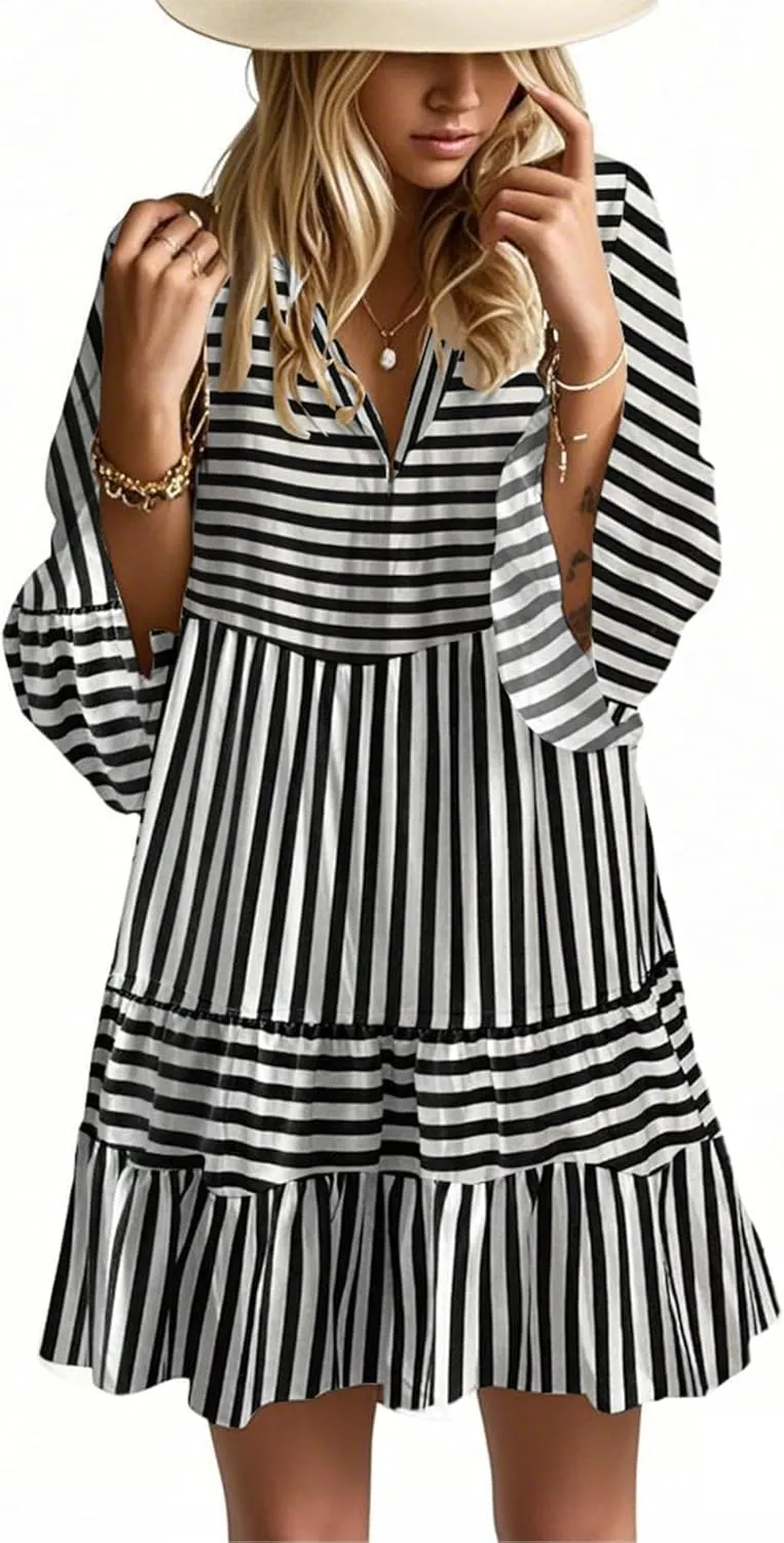Summer Dresses for Women 2025 Flowy Ruffle 3/4 Sleeve V Neck Tiered Casual Babydoll Boho Beach Mini Dress