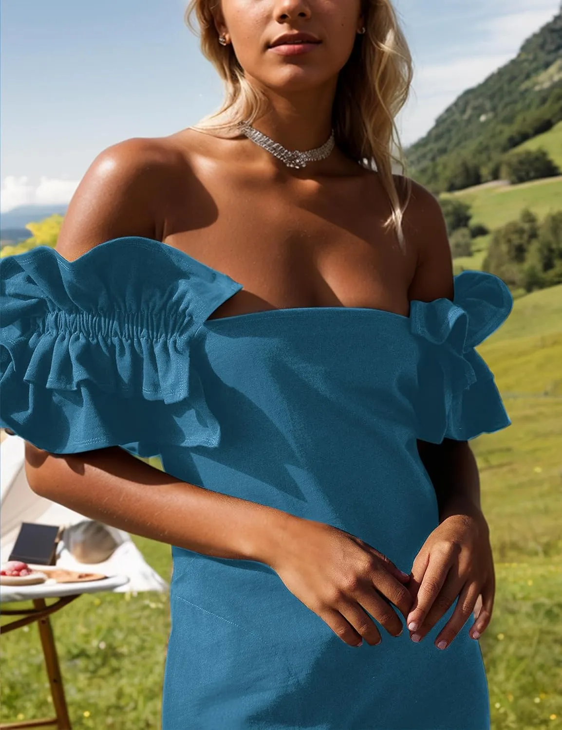 Summer Square Neck Mini Dress for Women Ruffle Sleeve Backless Short Shift Dress Solid Off The Shoulder Tunic Dresses