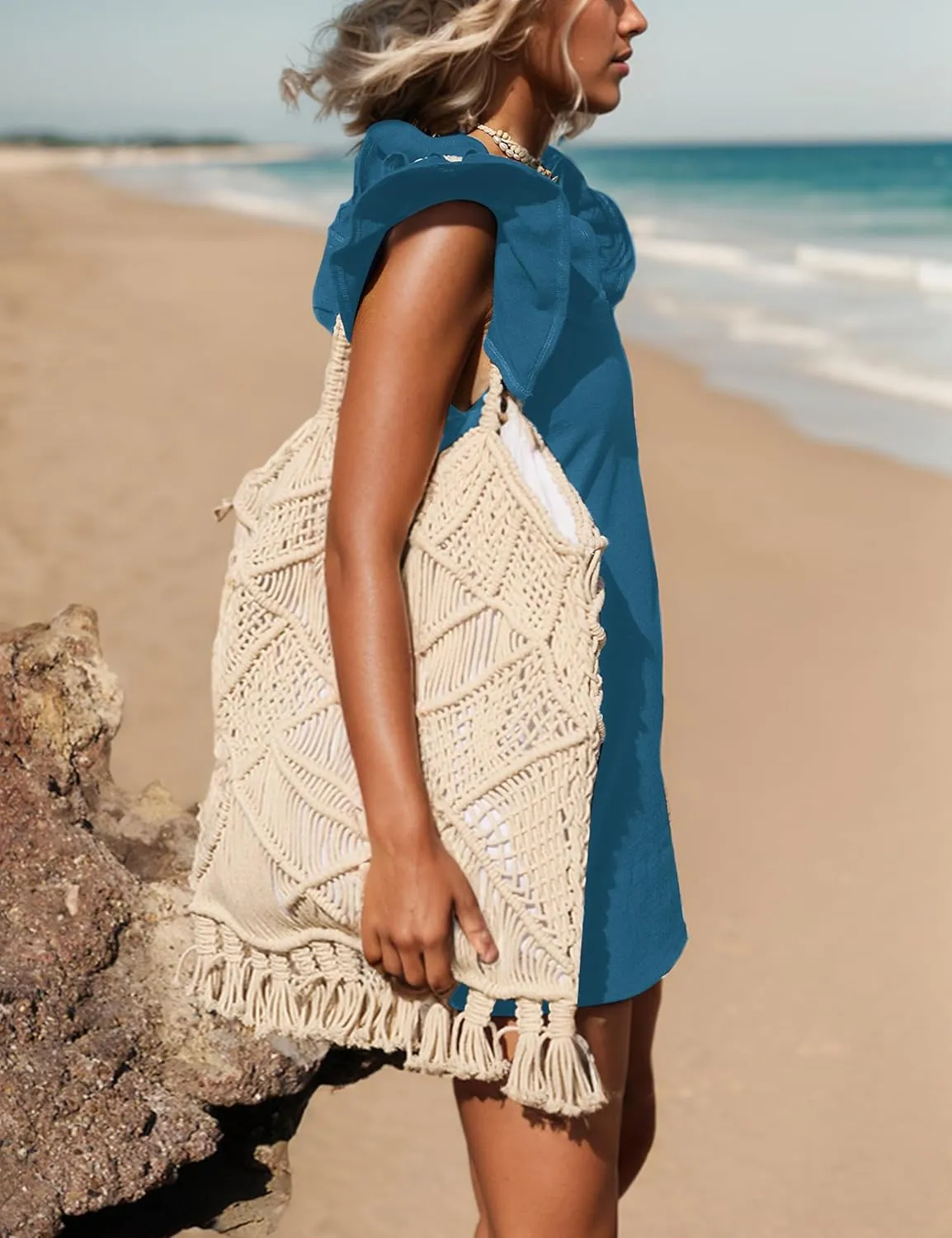 Summer Square Neck Mini Dress for Women Ruffle Sleeve Backless Short Shift Dress Solid Off The Shoulder Tunic Dresses