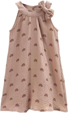 Toddler Baby Girl Cotton Linen Dress Sleeveless Bowknot Rainbow A-Line Dresses Kid Casual Beach Sundress