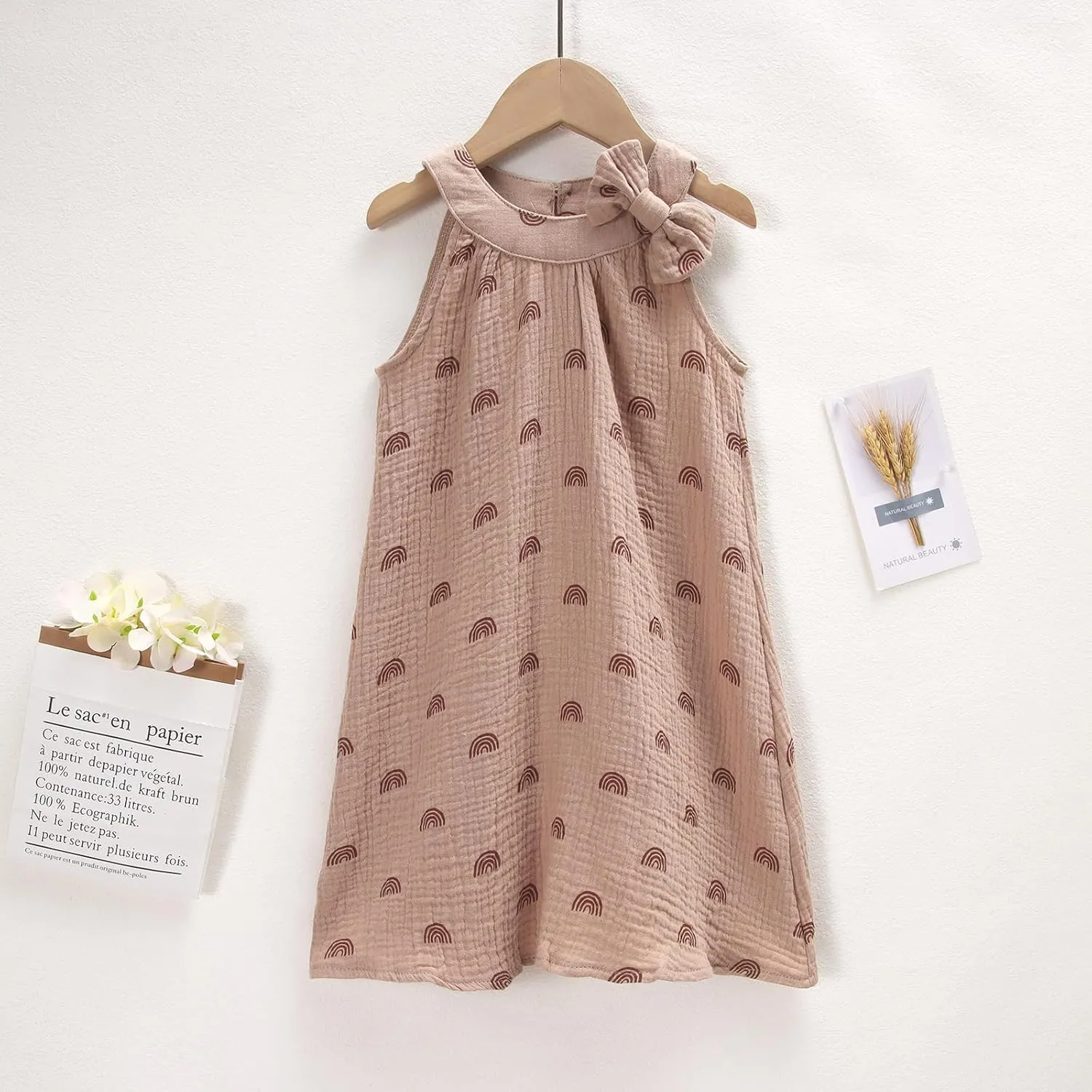 Toddler Baby Girl Cotton Linen Dress Sleeveless Bowknot Rainbow A-Line Dresses Kid Casual Beach Sundress