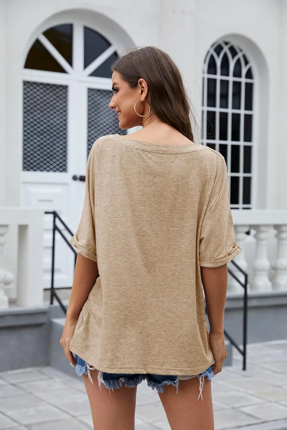 UNCLECAT Women's V Neck Oversized T-Shirts Summer Short Sleeve Shirts Loose Casual Tops Tee