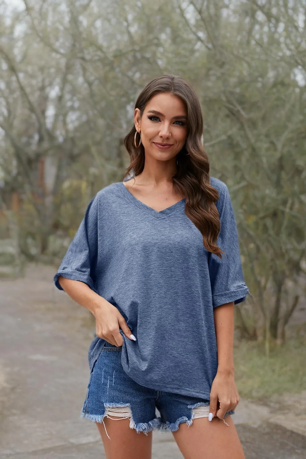 UNCLECAT Women's V Neck Oversized T-Shirts Summer Short Sleeve Shirts Loose Casual Tops Tee