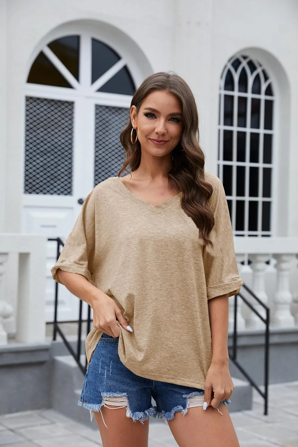 UNCLECAT Women's V Neck Oversized T-Shirts Summer Short Sleeve Shirts Loose Casual Tops Tee
