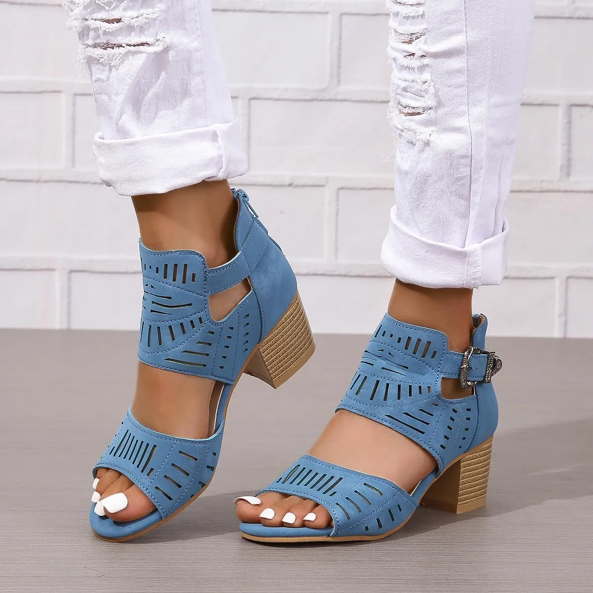 UOQAPRE Chunky Heeled Sandals for Womens Bohemian Cutout Open Toe Summer Block Womens Heeled Party Dress Sandals
