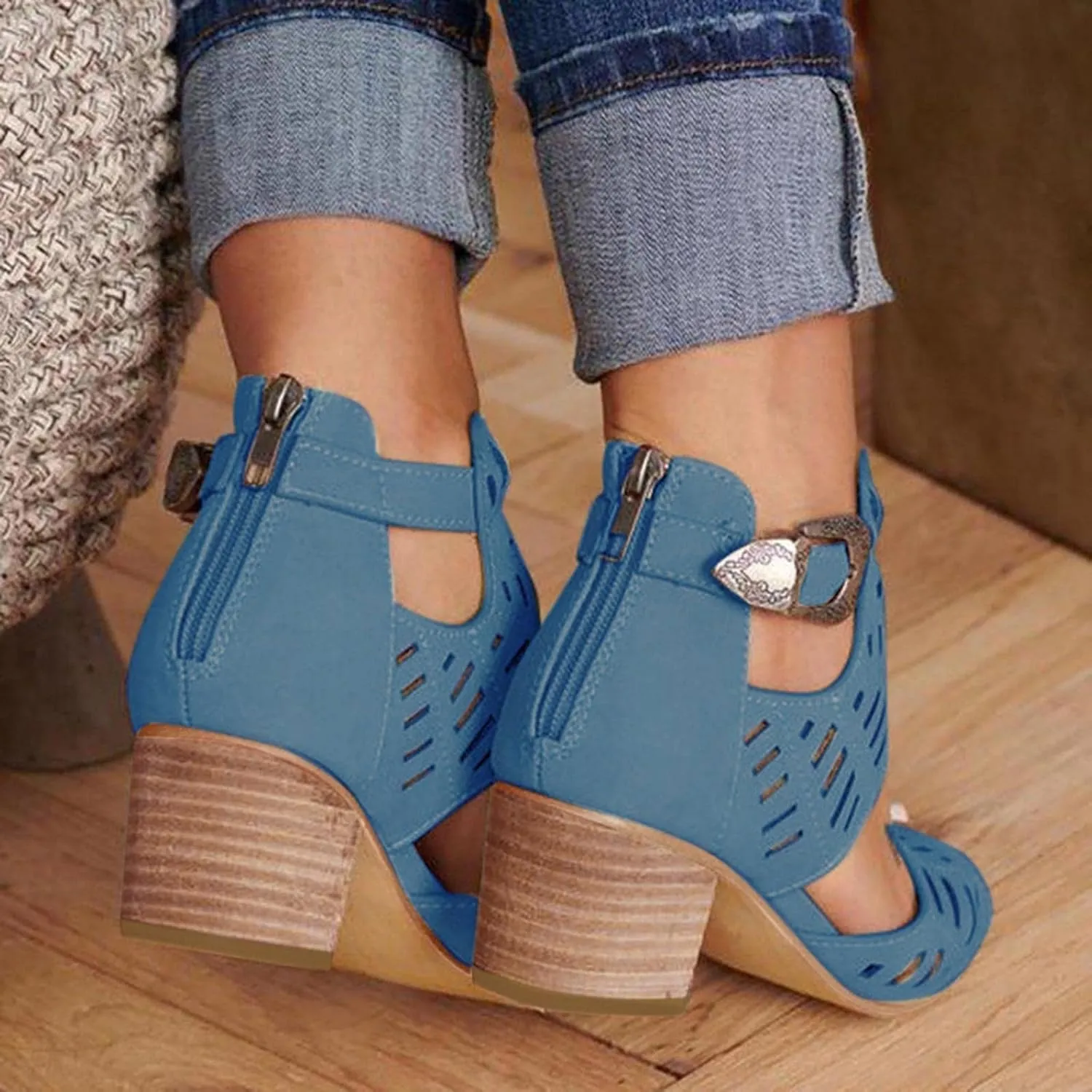 UOQAPRE Chunky Heeled Sandals for Womens Bohemian Cutout Open Toe Summer Block Womens Heeled Party Dress Sandals