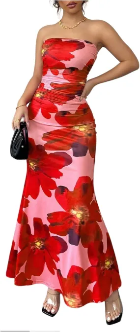 Verdusa Women's Floral Ruched Strapless Maxi Dress Boho Holiday Fishtail Bodycon Dresses