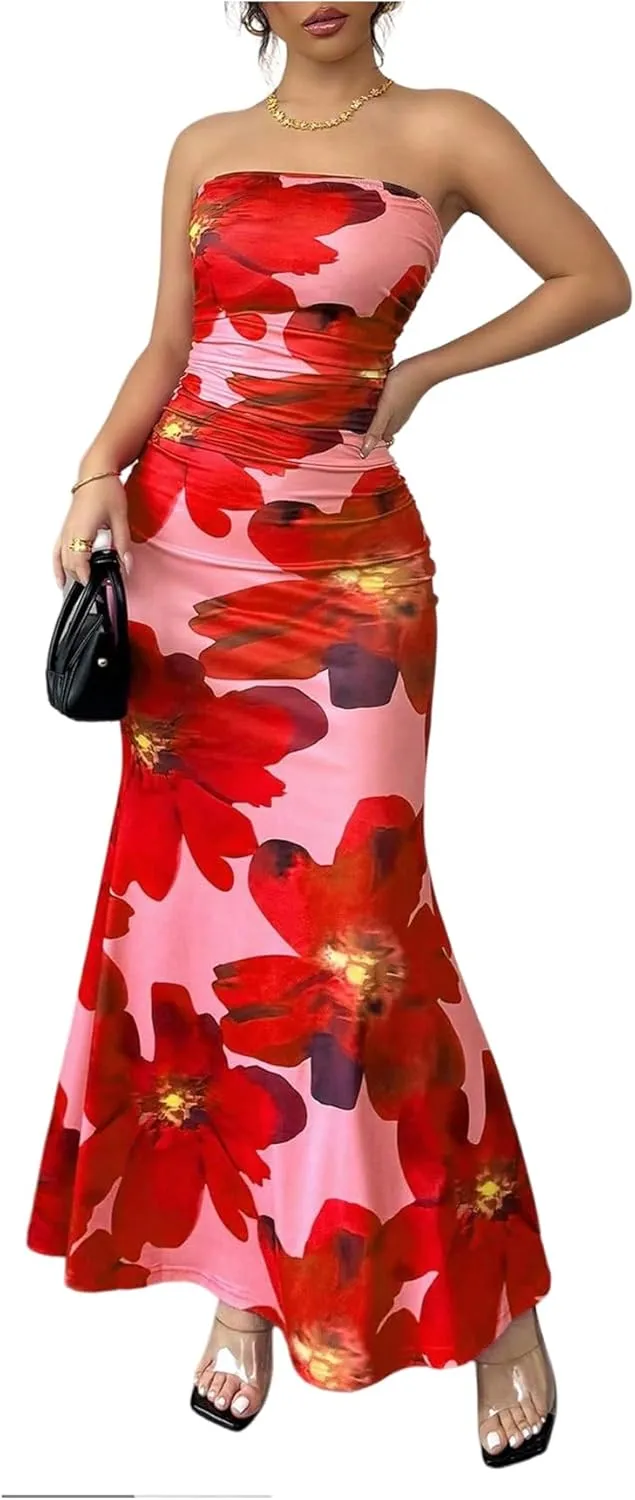Verdusa Women's Floral Ruched Strapless Maxi Dress Boho Holiday Fishtail Bodycon Dresses