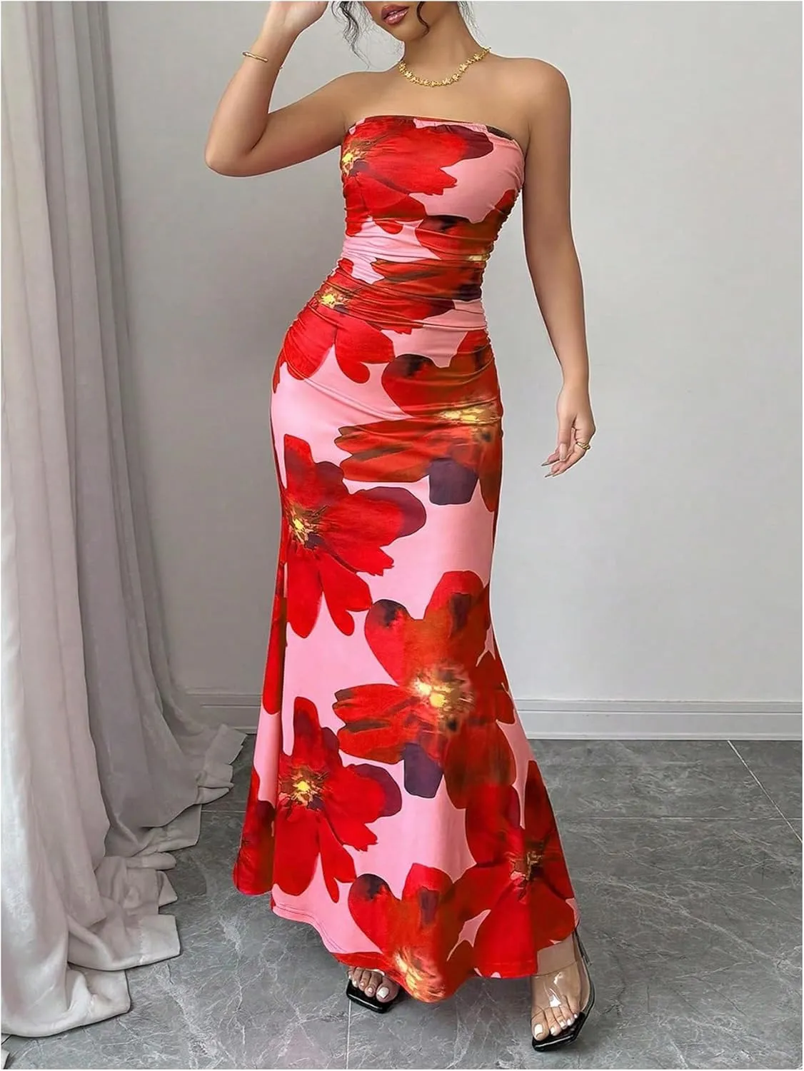 Verdusa Women's Floral Ruched Strapless Maxi Dress Boho Holiday Fishtail Bodycon Dresses