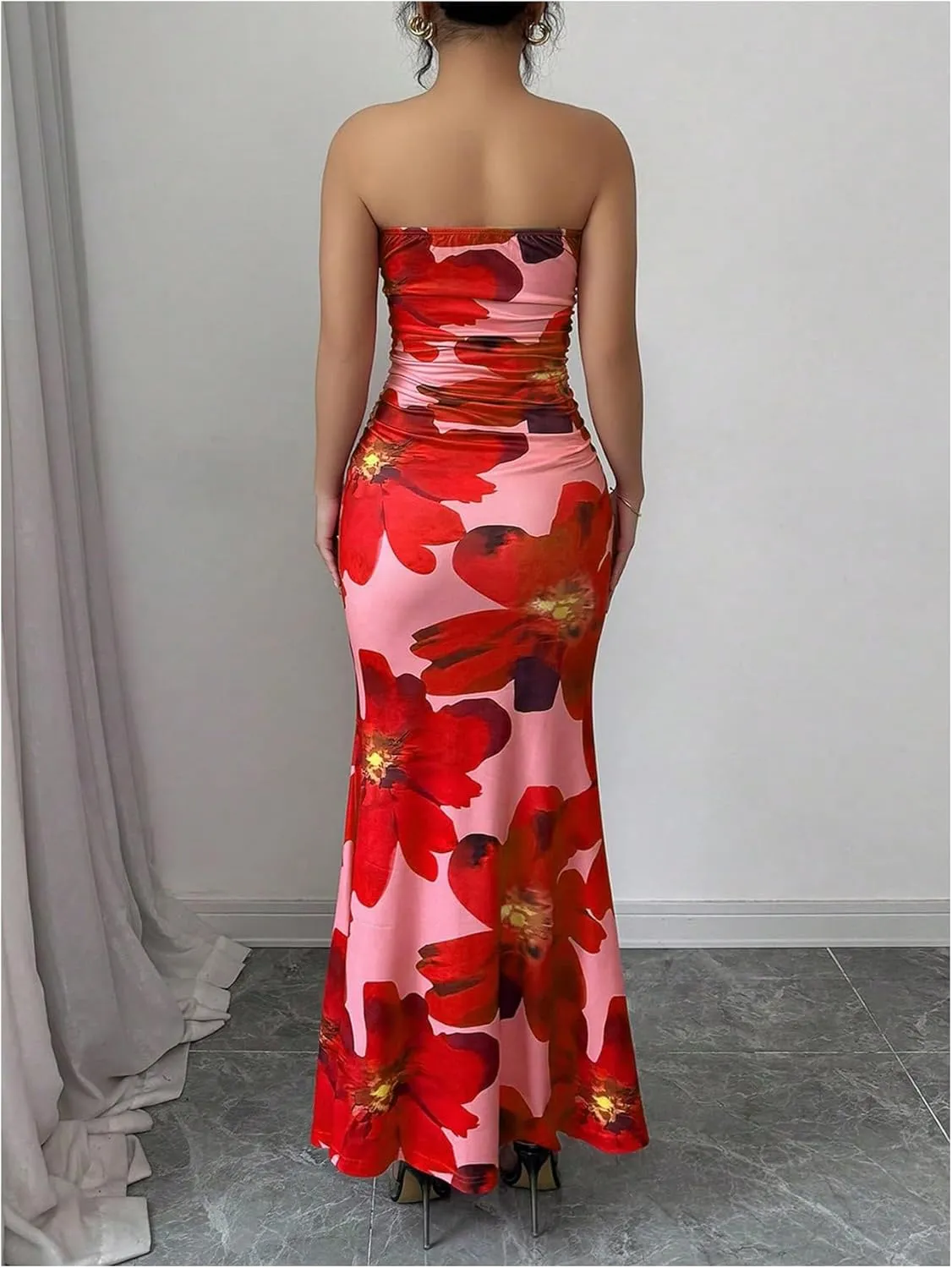 Verdusa Women's Floral Ruched Strapless Maxi Dress Boho Holiday Fishtail Bodycon Dresses