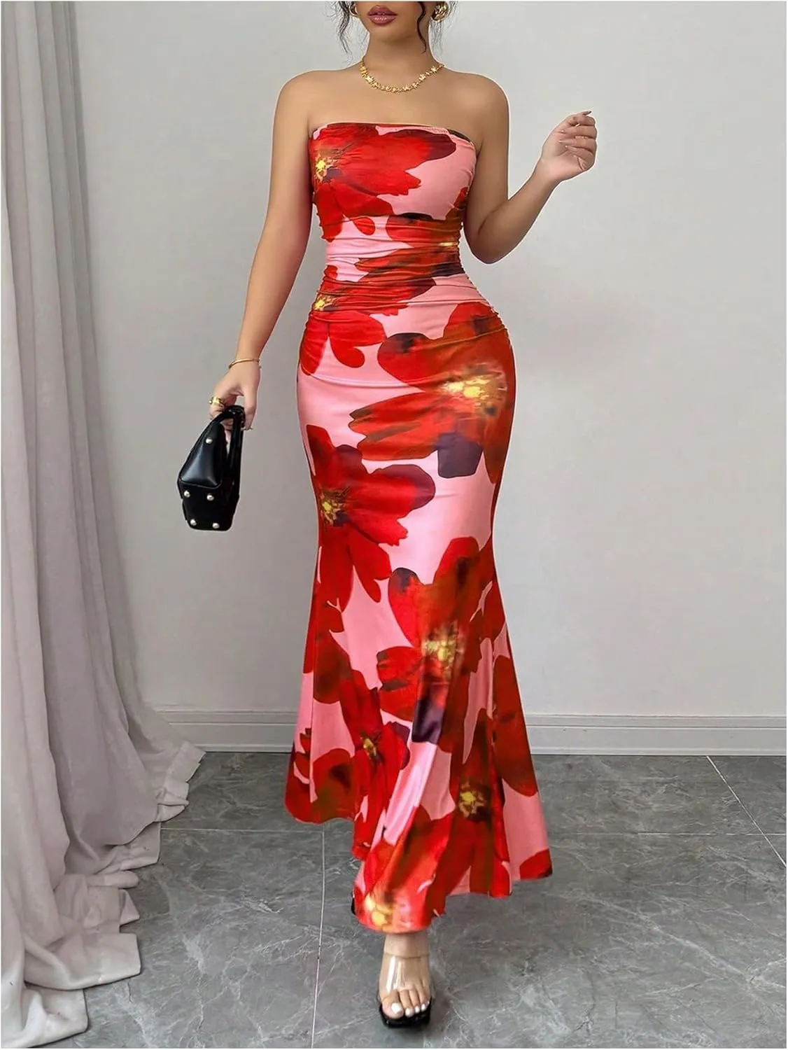 Verdusa Women's Floral Ruched Strapless Maxi Dress Boho Holiday Fishtail Bodycon Dresses