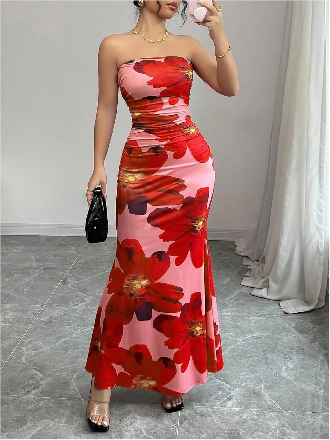 Verdusa Women's Floral Ruched Strapless Maxi Dress Boho Holiday Fishtail Bodycon Dresses
