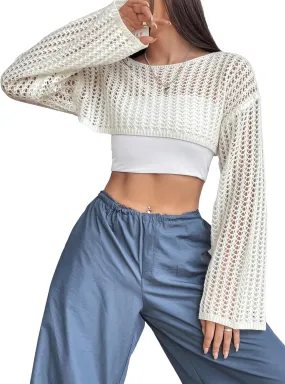 Verdusa Women's Hollow Out Knit Drop Shoulder Crop Sweater Pullover Top