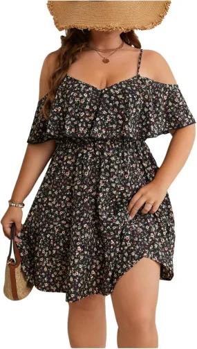 Verdusa Women's Plus Size Cold Shoulder Floral Boho Dresses Ruffle Layered Flowy Dress