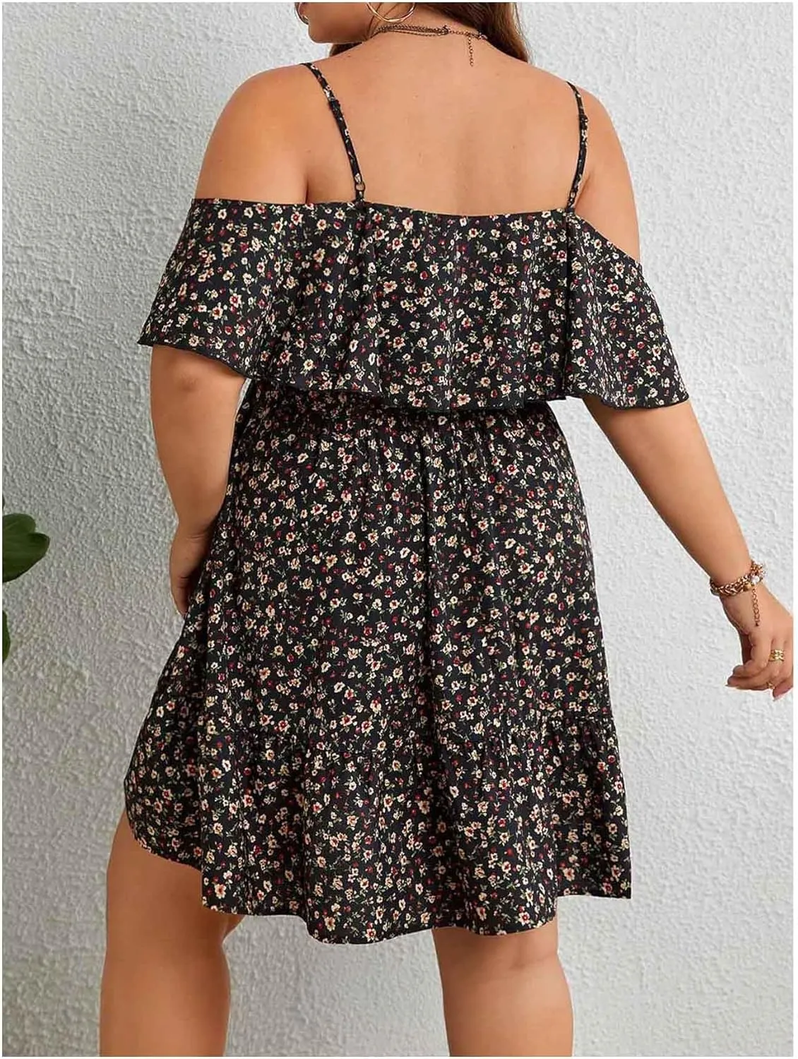 Verdusa Women's Plus Size Cold Shoulder Floral Boho Dresses Ruffle Layered Flowy Dress