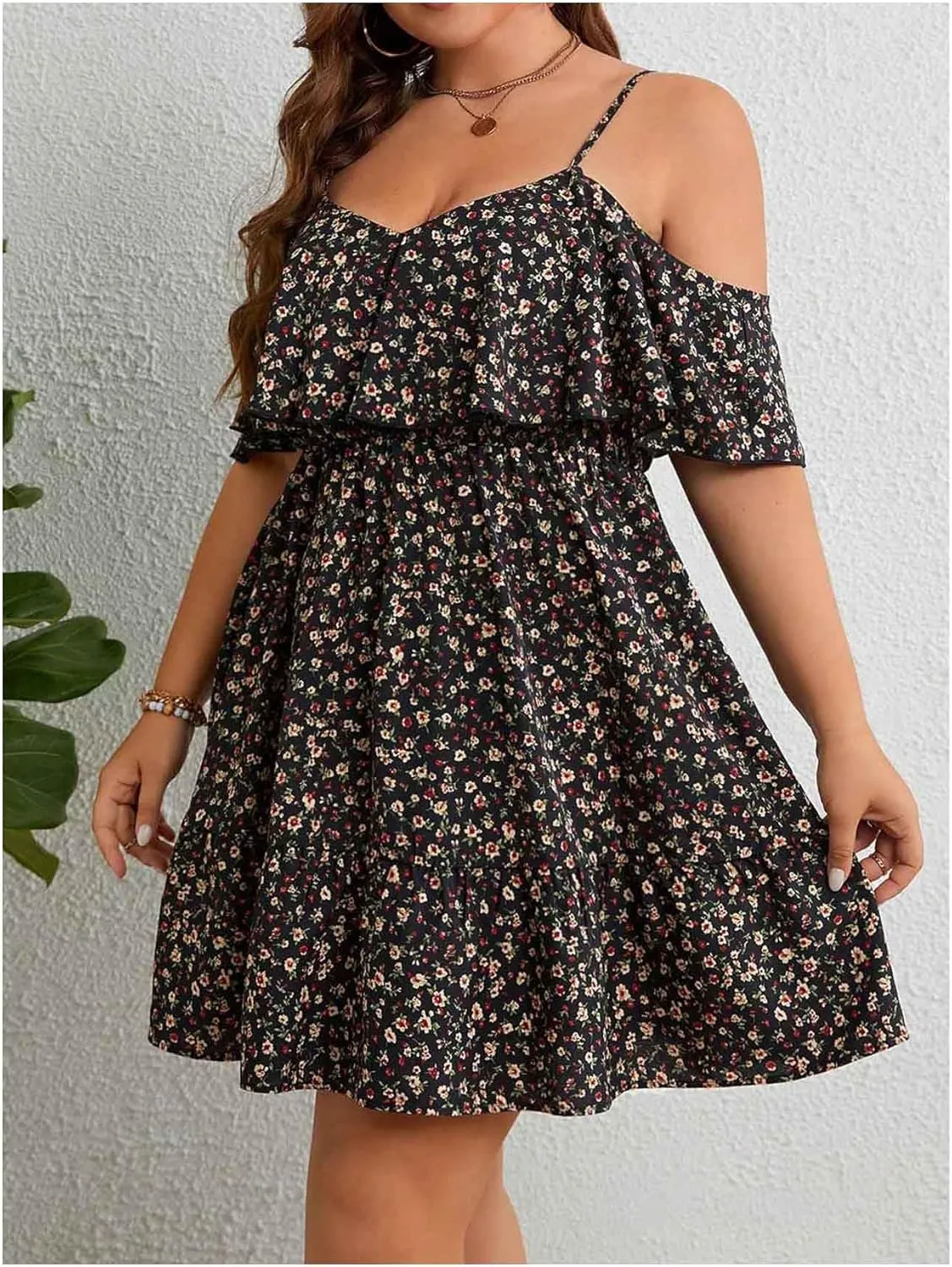 Verdusa Women's Plus Size Cold Shoulder Floral Boho Dresses Ruffle Layered Flowy Dress