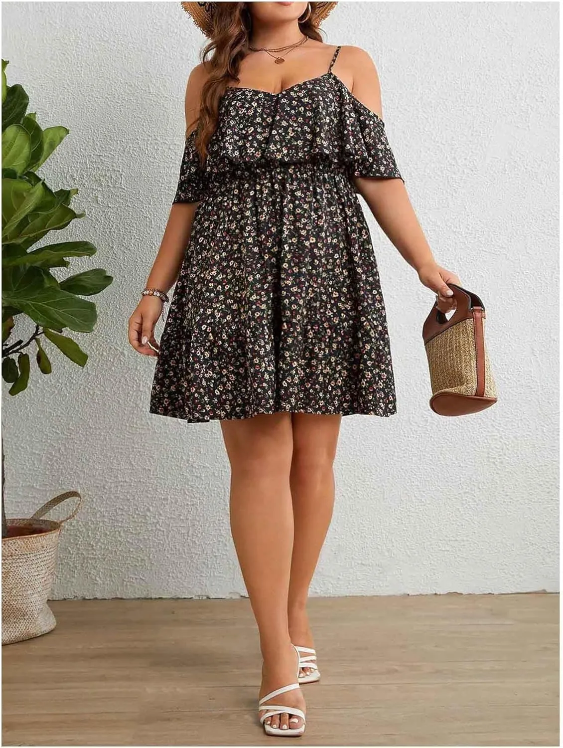 Verdusa Women's Plus Size Cold Shoulder Floral Boho Dresses Ruffle Layered Flowy Dress
