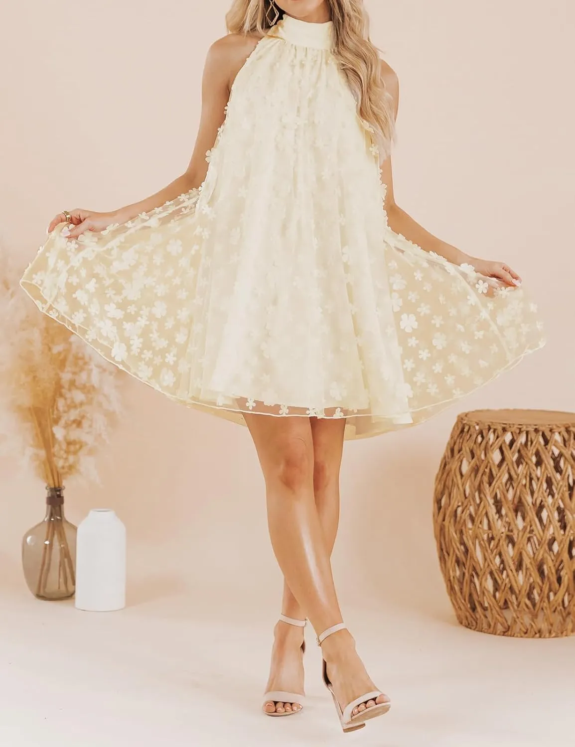 VIMPUNEC 2024 Womens Summer Wedding Guest Formal Dresses Cocktail Halter Swing Dress Cute A Line Mini Homecoming Dress