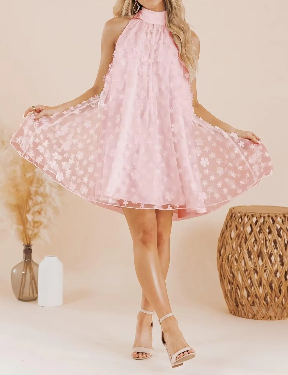 VIMPUNEC 2024 Womens Summer Wedding Guest Formal Dresses Cocktail Halter Swing Dress Cute A Line Mini Homecoming Dress