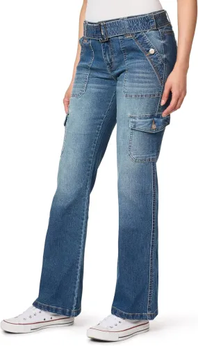 WallFlower Women's Feisty Curvy Cargo Flare Low Rise Belted Insta Stretch Juniors Pants