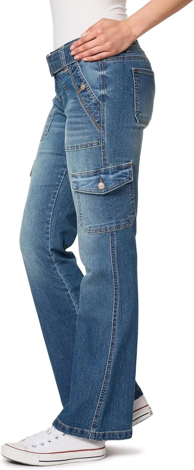WallFlower Women's Feisty Curvy Cargo Flare Low Rise Belted Insta Stretch Juniors Pants