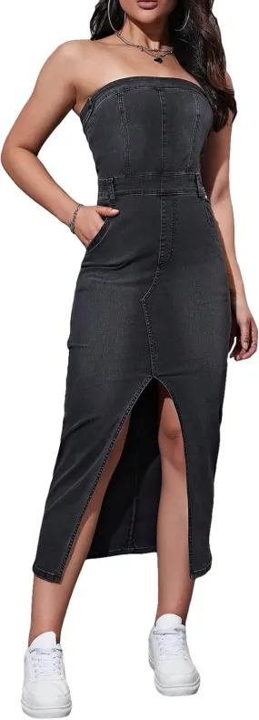 WDIRARA Women's Strapless Split Thigh Sleeveless Bodycon Tube Denim Dress with Pockets