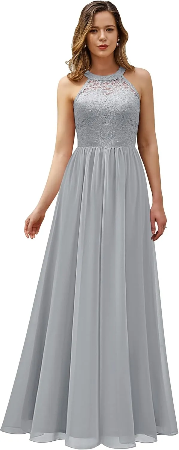 Wedtrend Women's Formal Dress, Halter Long Prom Dress Floral Lace Bridesmaid Dresses