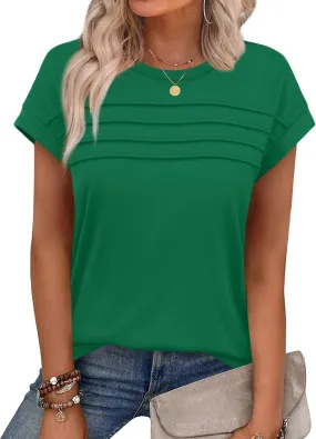 WEESO Womens Summer Tops Trendy 2025 Cap Sleeve T Shirts Crew Neck Pleated Front Clothes Fashion