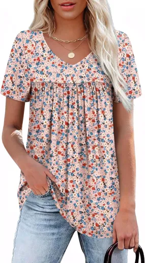 WEESO Womens T Shirts Short Sleeve Pleated Dressy Casual V Neck Summer Tops Blouses