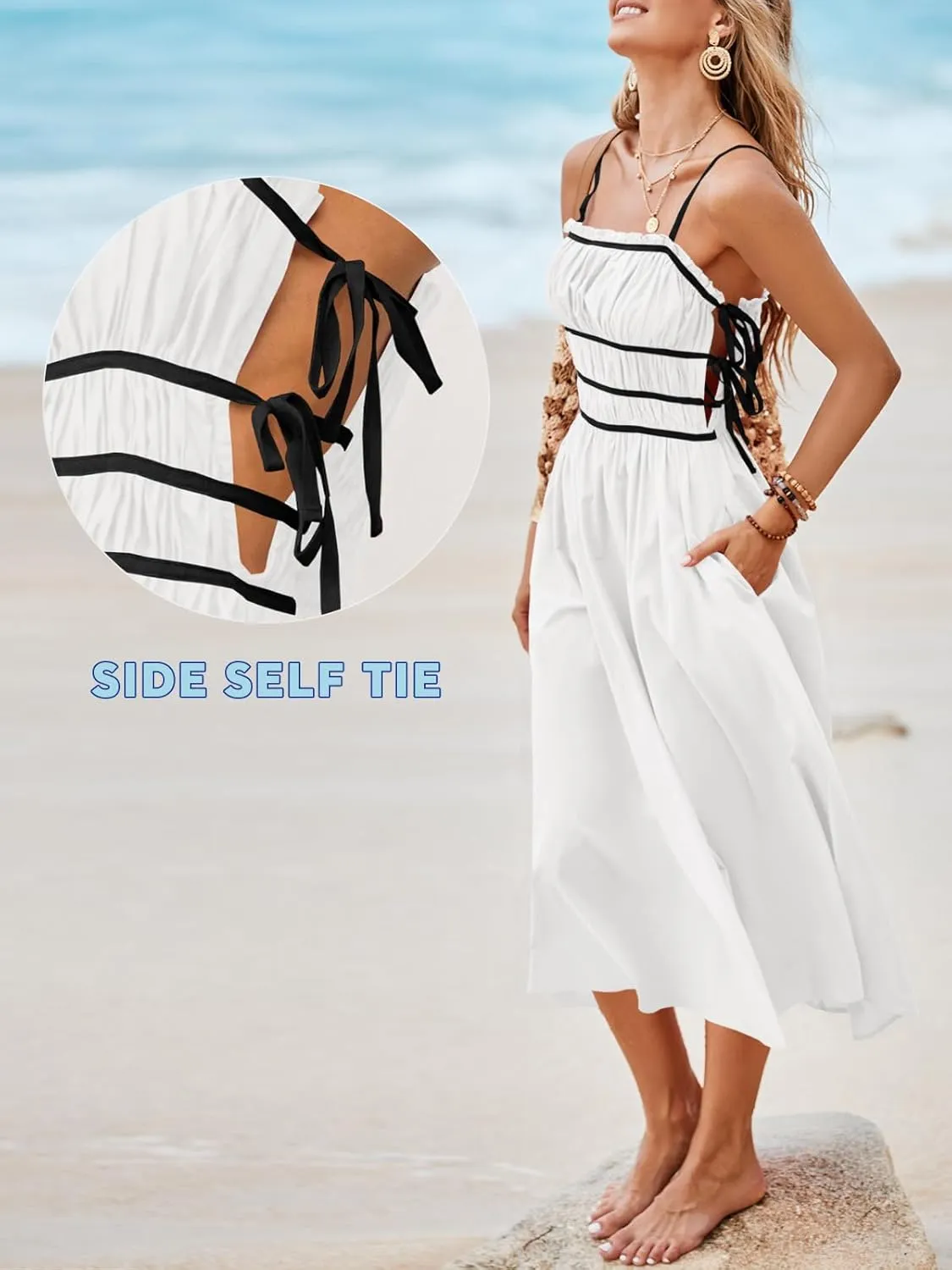 Wenrine Women Summer Spaghetti Strap Dress Sleeveless Tie Smocked Sundress A Line Vacation Beach Midi Dresses