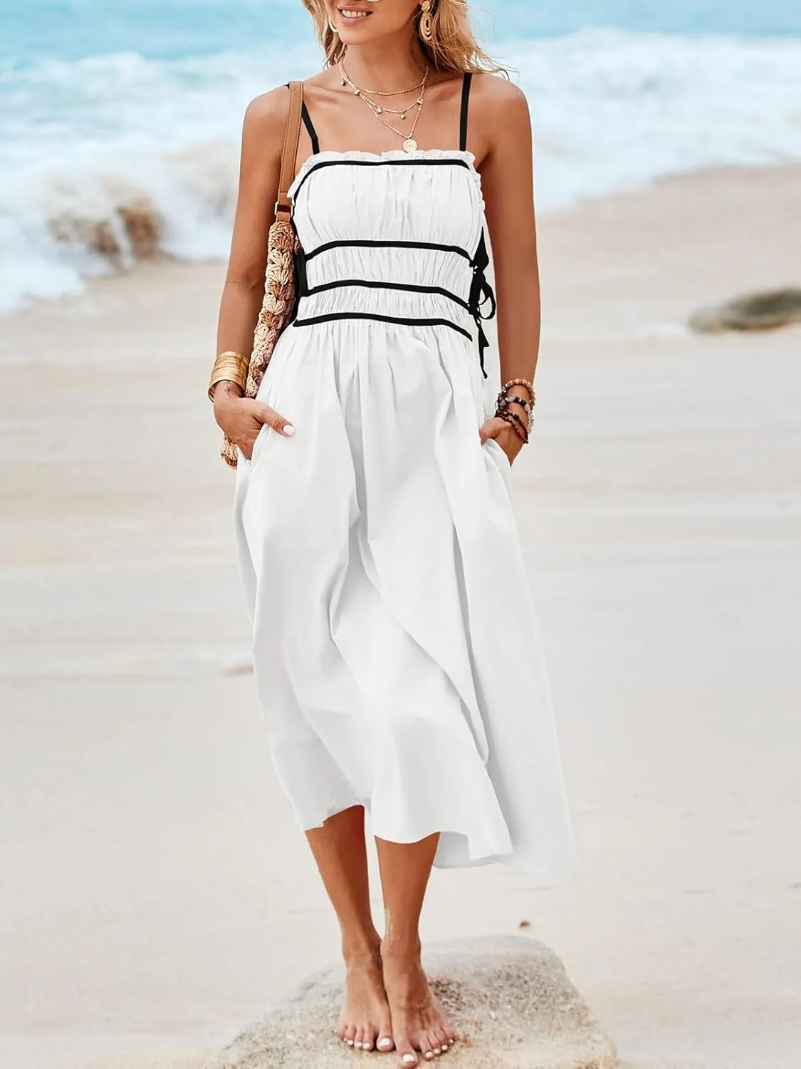 Wenrine Women Summer Spaghetti Strap Dress Sleeveless Tie Smocked Sundress A Line Vacation Beach Midi Dresses