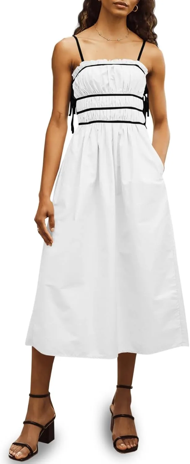 Wenrine Women Summer Spaghetti Strap Dress Sleeveless Tie Smocked Sundress A Line Vacation Beach Midi Dresses