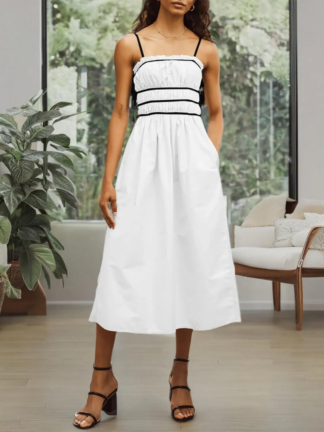 Wenrine Women Summer Spaghetti Strap Dress Sleeveless Tie Smocked Sundress A Line Vacation Beach Midi Dresses