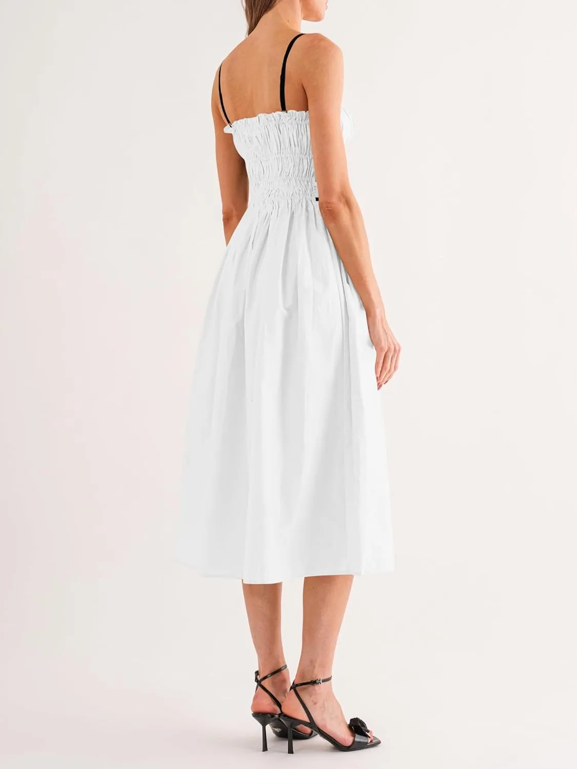 Wenrine Women Summer Spaghetti Strap Dress Sleeveless Tie Smocked Sundress A Line Vacation Beach Midi Dresses