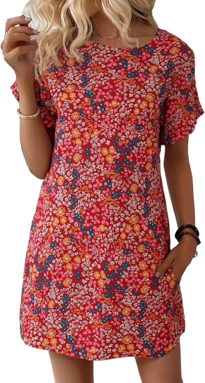 Wenrine Womens Summer Dress 2025 Floral T Shirt Dress Casual Cap Sleeve Crewneck Loose Boho Shift Mini Dresses