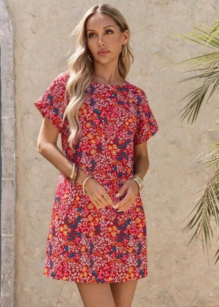 Wenrine Womens Summer Dress 2025 Floral T Shirt Dress Casual Cap Sleeve Crewneck Loose Boho Shift Mini Dresses