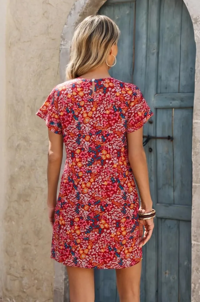 Wenrine Womens Summer Dress 2025 Floral T Shirt Dress Casual Cap Sleeve Crewneck Loose Boho Shift Mini Dresses