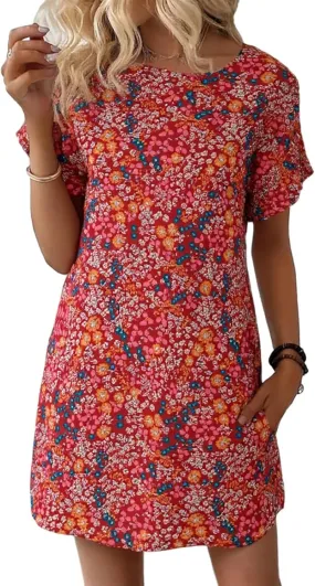 Wenrine Womens Summer Dress 2025 Floral T Shirt Dress Casual Cap Sleeve Crewneck Loose Boho Shift Mini Dresses