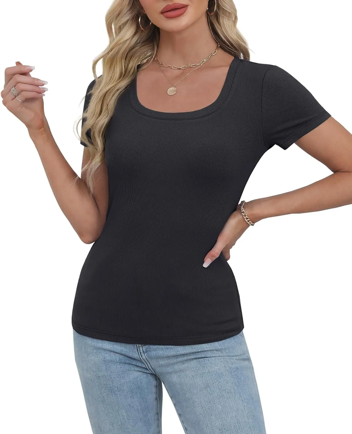 WIHOLL Women's Ribbed Knit Scoop Neck Tees Slim Fit Short Sleeve Tops Summer 2025 Trendy Basic Tshirts